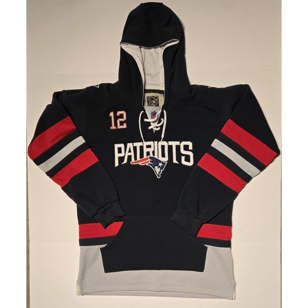 Tom Brady #12 Patriots Lace Up Jersey Hoodie Mens L NFL Players Hockey Style
